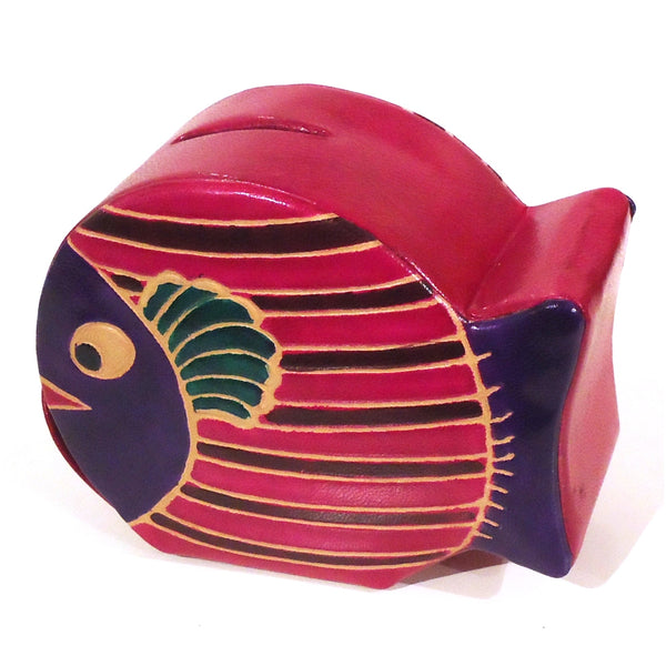 Brightly colored fish leather bank with embossed finish.