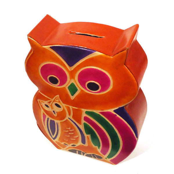 Brightly colored owl with baby leather bank with embossed finish available at Cerulean Arts.
