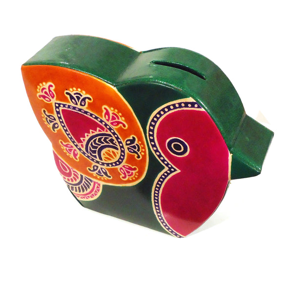 Brightly colored bird leather bank with embossed finish available at Cerulean Arts.