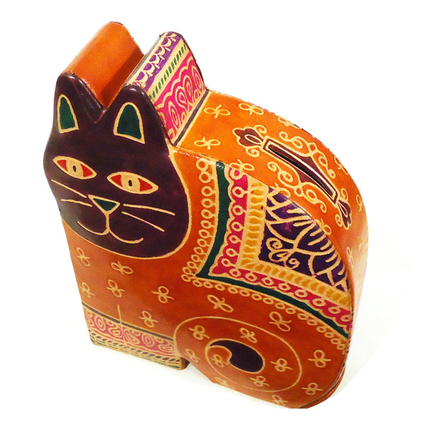 Brightly colored cat leather bank with embossed finish available at Cerulean Arts,