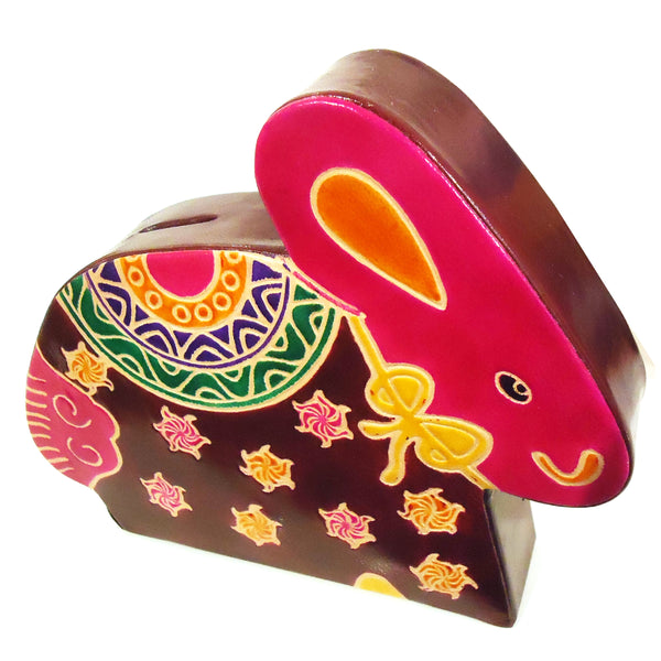 Brightly colored bird leather bank with embossed finish available at Cerulean Arts.