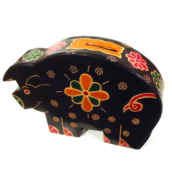 Brightly colored large pig leather bank with embossed finish available at Cerulean Arts.