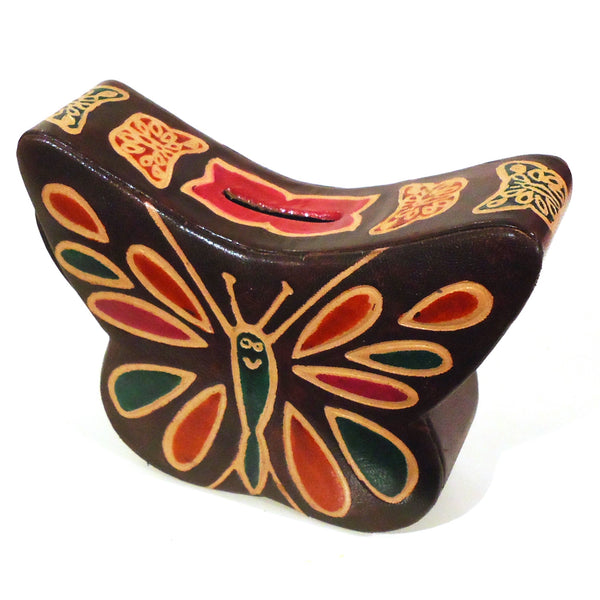 Brightly colored butterfly leather bank with embossed finish.