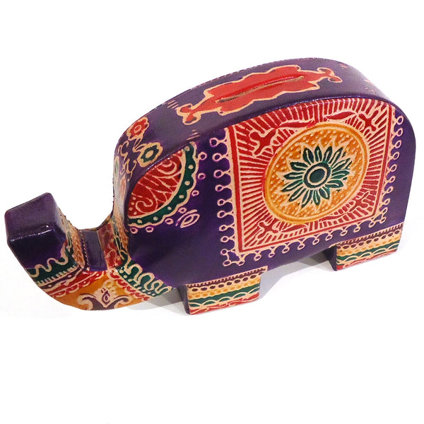 Colorful elephant-shaped bank with intricate patterns