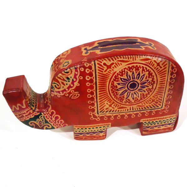 Brightly colored elephant leather bank with embossed finish.