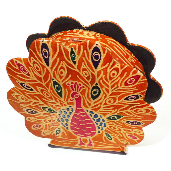 Brightly colored peacock leather bank with embossed finish available at Cerulean Arts.