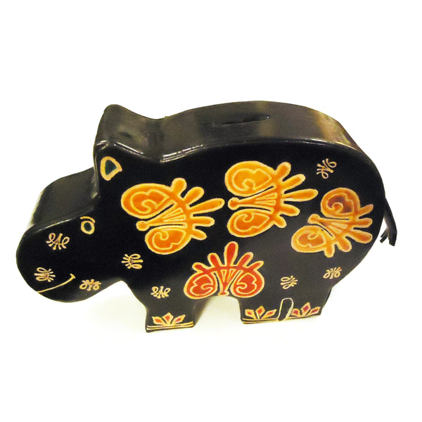 Brightly patterned hippo leather bank with embossed finish available at Cerulean Arts.