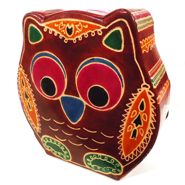 Brightly colored owl leather bank with embossed finish available at Cerulean Arts.