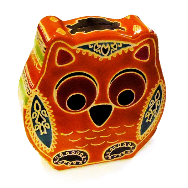 Brightly colored owl leather bank with embossed finish available at Cerulean Arts.