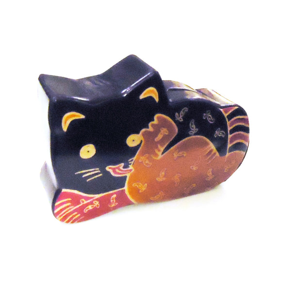 Brightly patterned grooming cat leather bank with embossed finish available at Cerulean Arts.