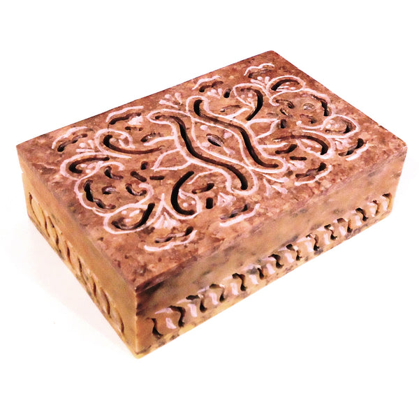 Carved scroll soapstone box with hinged lid available at Cerulean Arts.