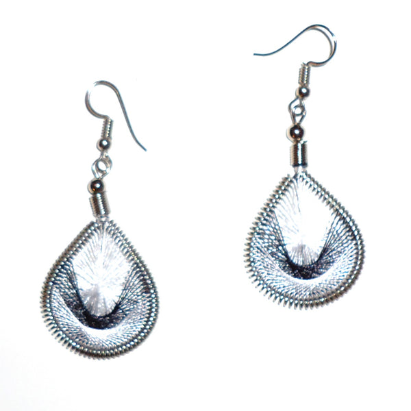 Small silk thread earrings with geometric design in gray, black and white, available at Cerulean Arts.