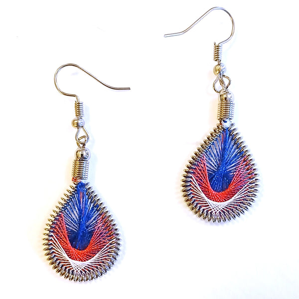 Pair of earrings with red and blue teardrop design 