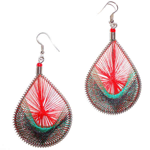 Silk thread earrings with geometric design in red with green and brown, available at Cerulean Arts.