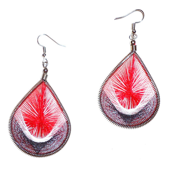 Silk thread earrings with geometric design in burgundy with pink and brown, available at Cerulean Arts.