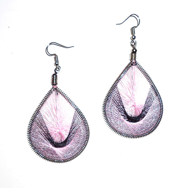 Silk thread earrings with geometric design in pink with brown, available at Cerulean Arts.