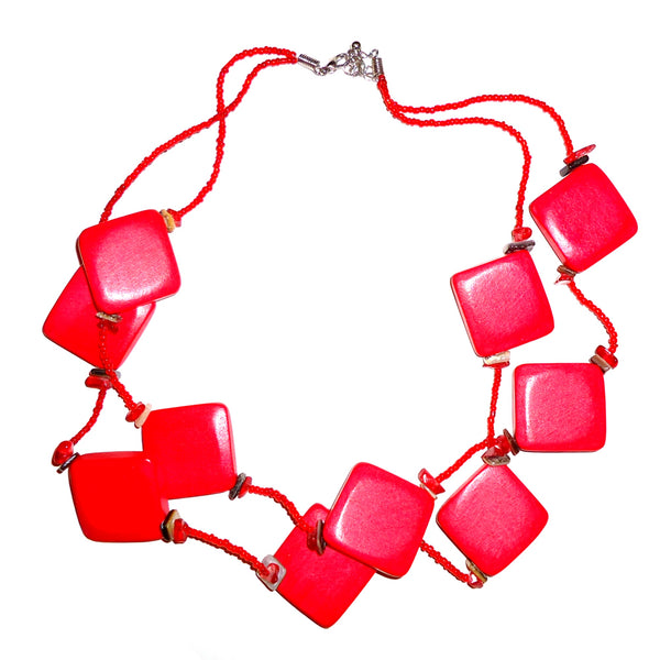 Red double strand necklace with glass seed beads and large square wood beads, available at Cerulean Arts.