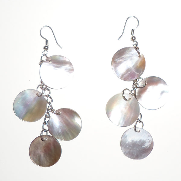 Four abalone shell discs on silver colored chain earrings, available at Cerulean Arts.