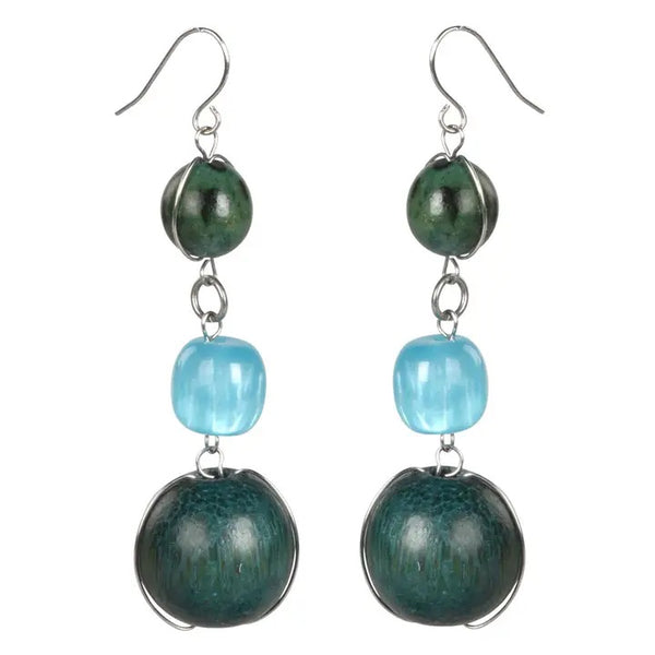 Three glass and wood bead earrings in shades of blue, available at Cerulean Arts.