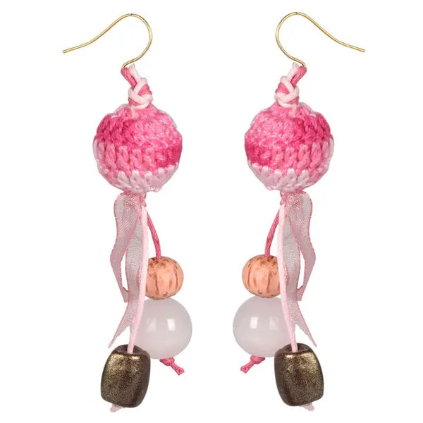 Pink crochet earrings with glass and wood dangling beads, available at Cerulean Arts.