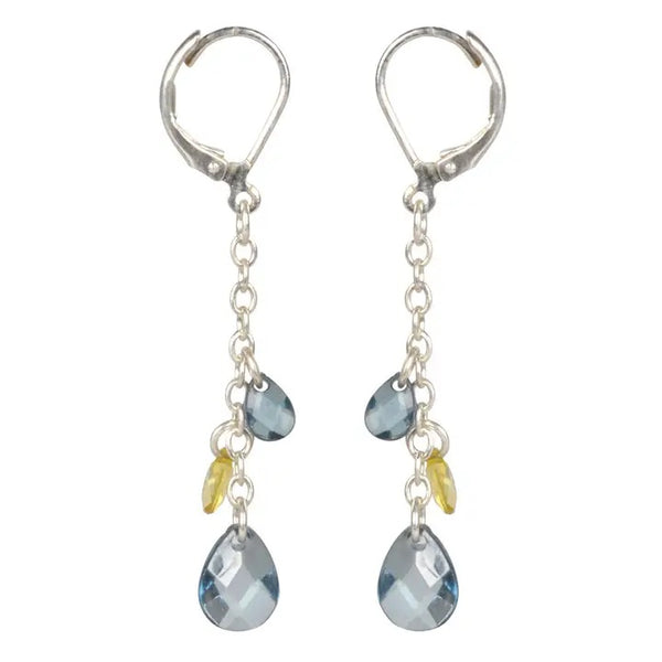 Faceted teardrop crystal earrings in blue and yellow, available at Cerulean Arts.