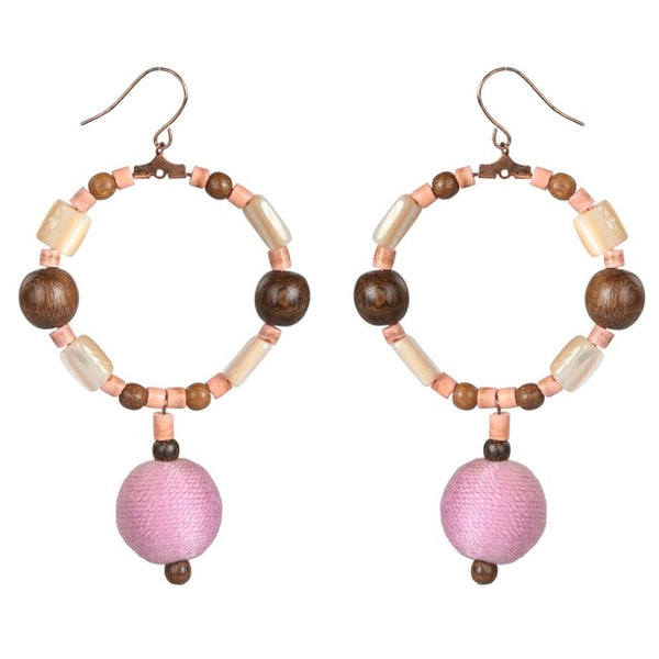 Semi-precious stone and wood bead hoop earrings with fabric dangle bead, available at Cerulean Arts.&nbsp;