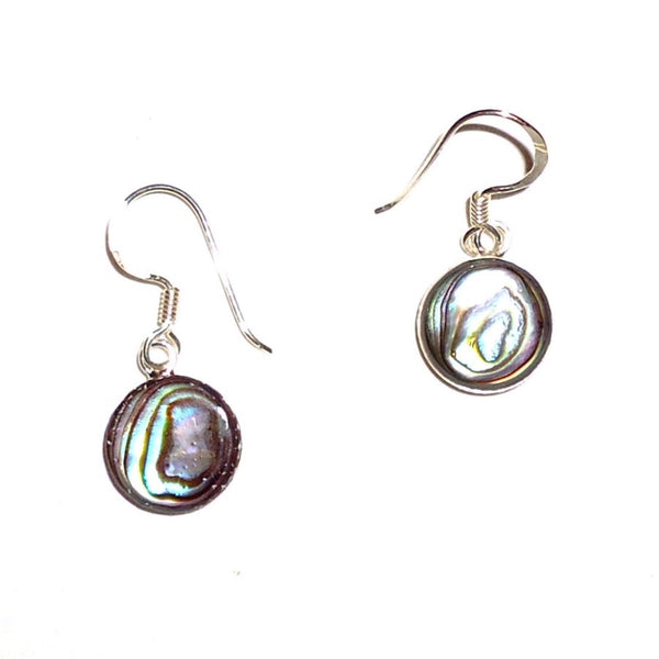 Round abalone in sterling silver bezel earrings, available at Cerulean Arts.