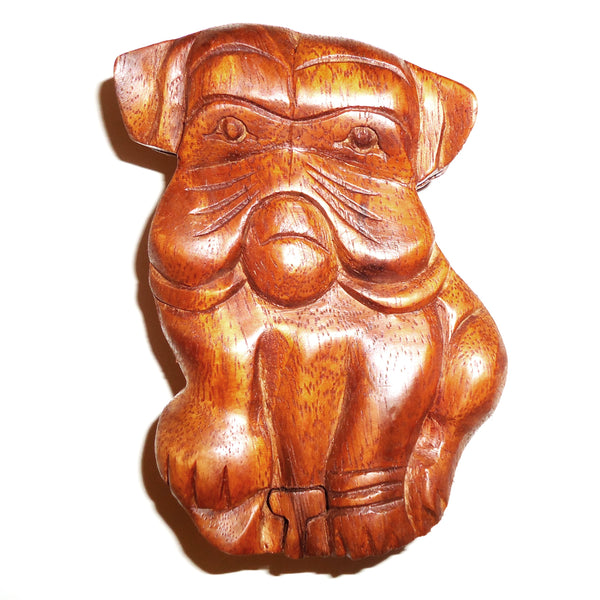 Puzzle keepsake box featuring a carved wood dog available at Cerulean Arts.