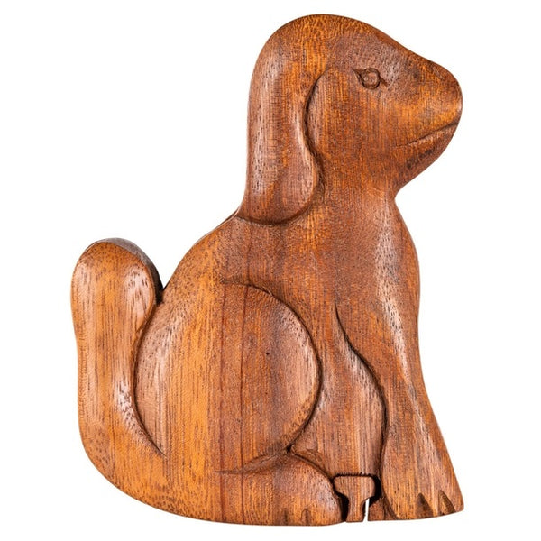 Puzzle keepsake box featuring a carved wood dog sitting in profile, available at Cerulean Arts.