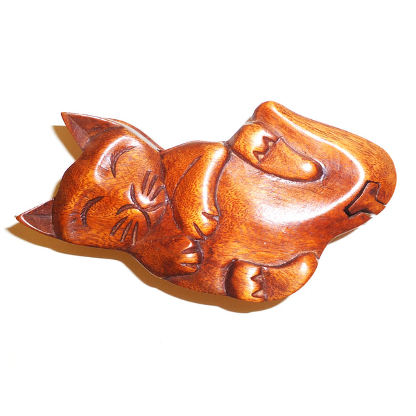 Carved wood playful cat puzzle box.