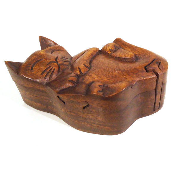 Carved wood playful cat puzzle box.