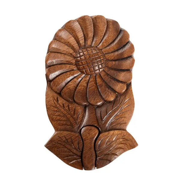 Puzzle keepsake box featuring a carved wood sunflower, available at Cerulean Arts.