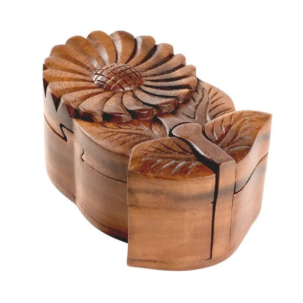 Puzzle keepsake box featuring a carved wood sunflower, available at Cerulean Arts.