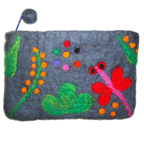 Gray felt pouch with front dragonfly design, available at Cerulean Arts.