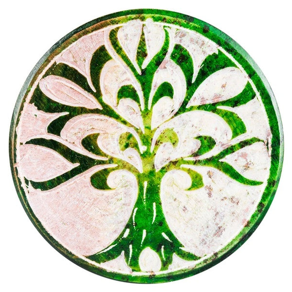 Round soapstone box stained in green and carved with tree of life pattern on the lid,