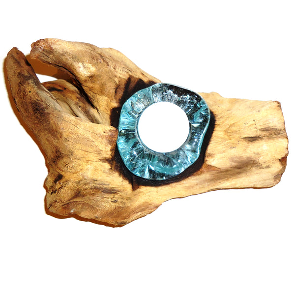 Natural wood with single molten glass candle holders, available at Cerulean Arts.