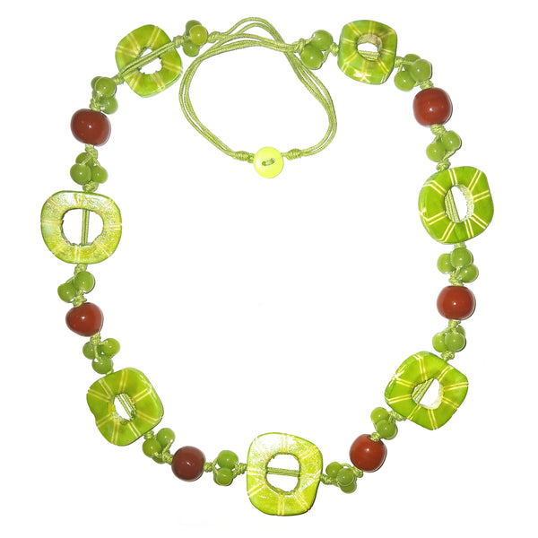 Kiwi green and brown glass bead necklace, available at Cerulean Arts.