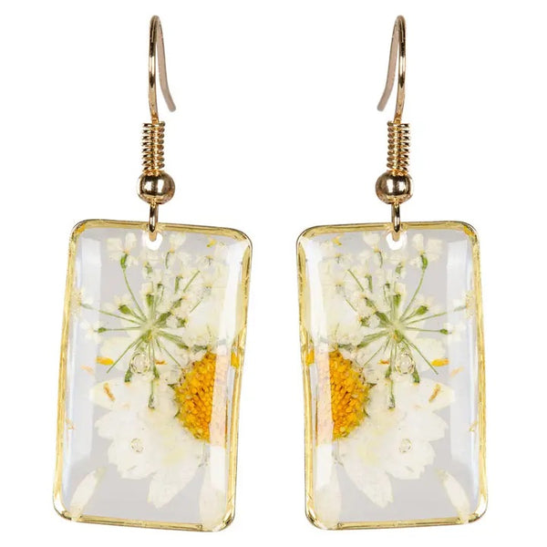 Rectangle earrings with real dried daisies encased in resin with gold colored edging, available at Cerulean Arts.