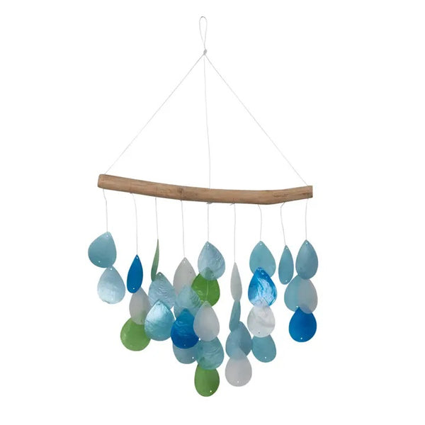 Capiz shell wind chime in shades of aqua teardrops available at Cerulean Arts