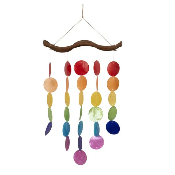 Colorful hanging chimes with rainbow capiz shell circles.