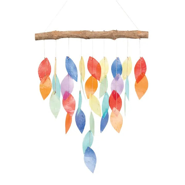 Capiz shell wind chime in multicolor leaves available at Cerulean Arts.