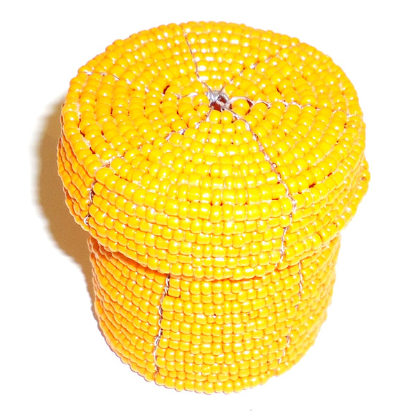 Small beaded cylinder basket with lid.