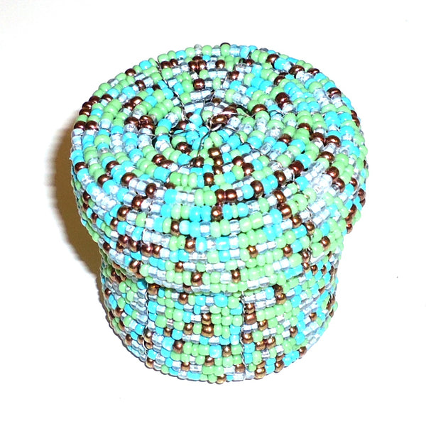 Small beaded cylinder basket with lid.