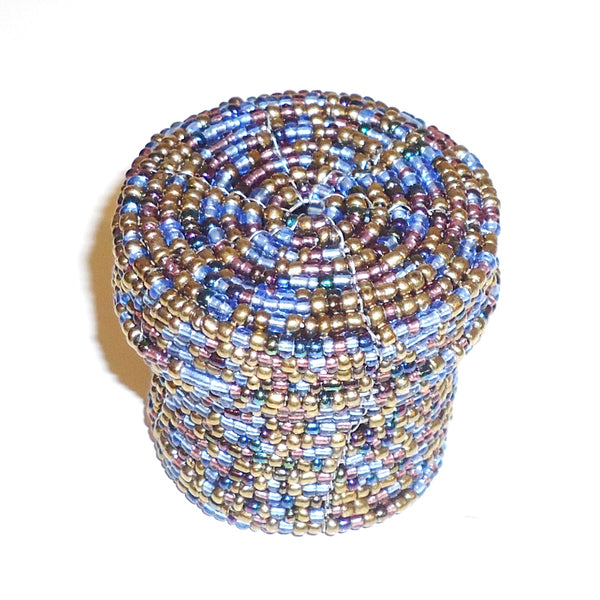 Small beaded cylinder basket with lid.