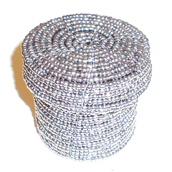 Small beaded cylinder basket with lid.
