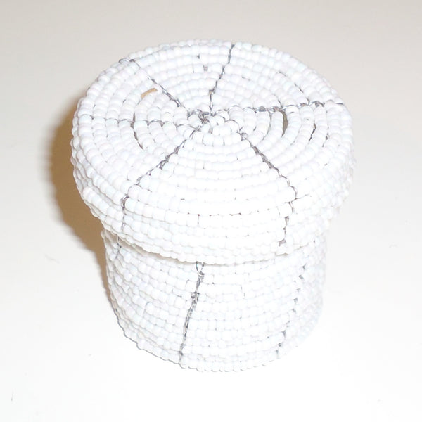 Small beaded cylinder basket with lid.