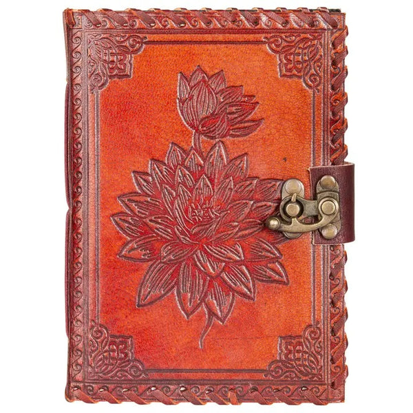 Brown leather journal with embossed lotus flowers and metal latch 