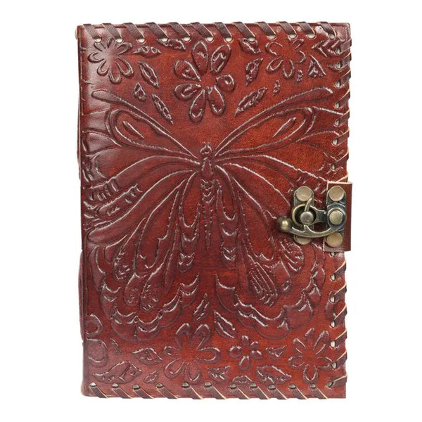 Brown leather journal with butterfly design and metal latch