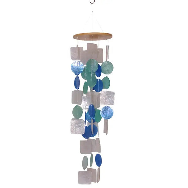 Capiz shell chimes with circular and square shapes in shades of blue and white.
