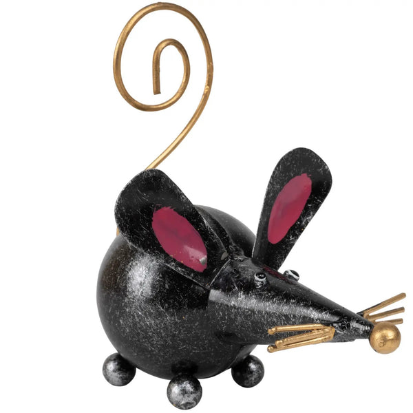 Black mouse figurine with pink ears and gold accents 